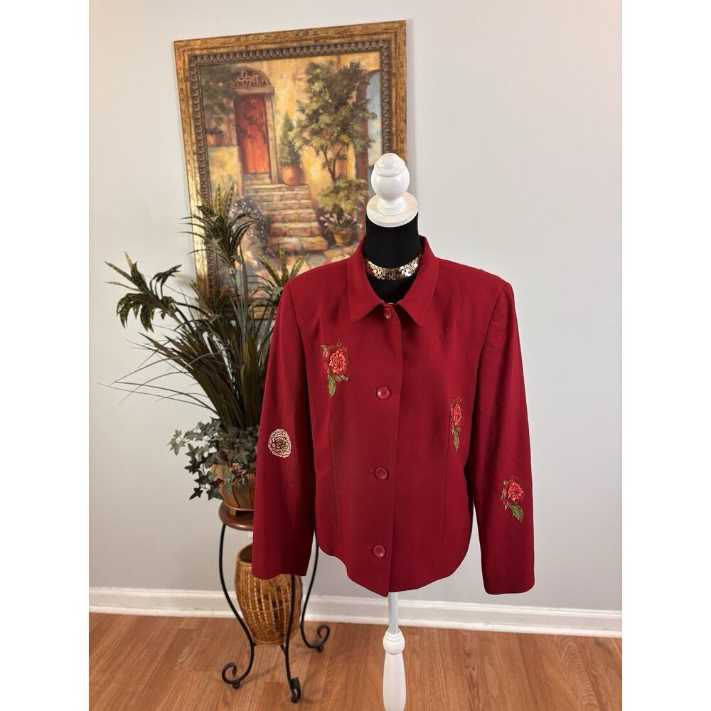 Talbots Suits Womens Floral Patches 16 Red Lined 4 Button Long Sleeve Collared